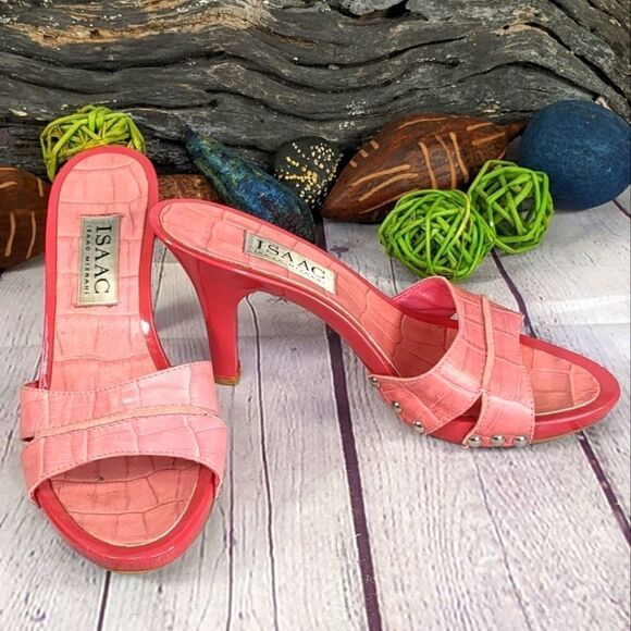 Isaac Mizrahi Pink Novice Croco Kitten Heels Mules Slides Sandals - Picture 1 of 9